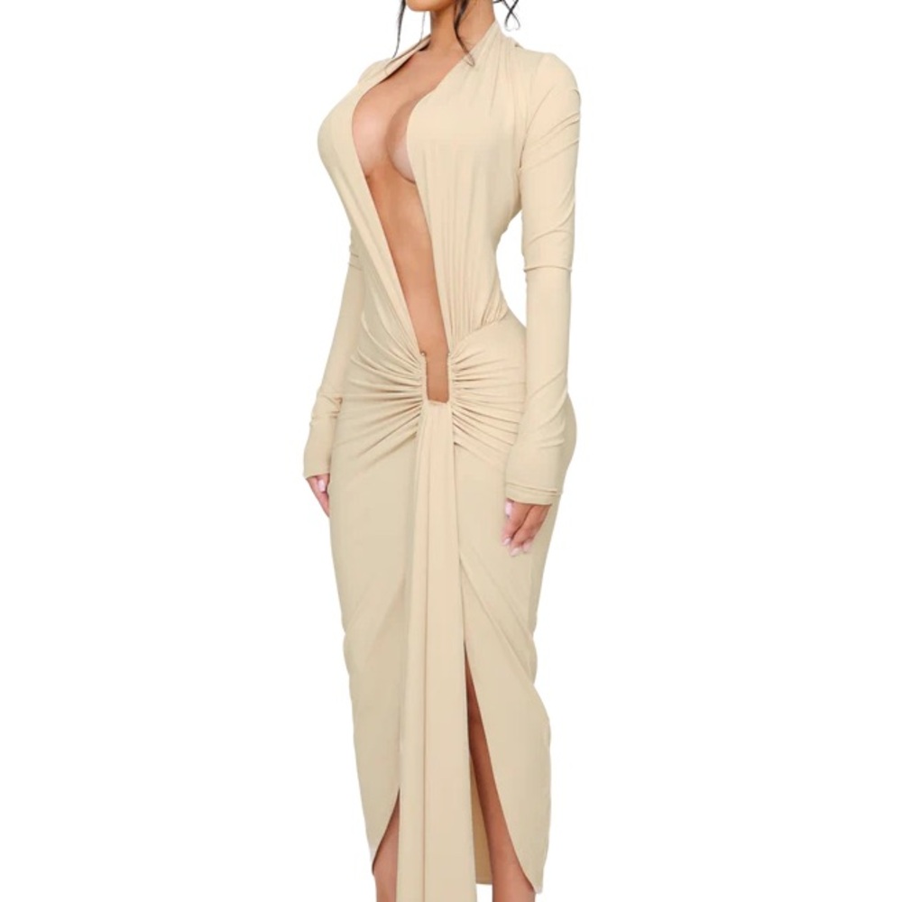 Coucoo Beige Ruched Front Plunge Midi Dress - Women